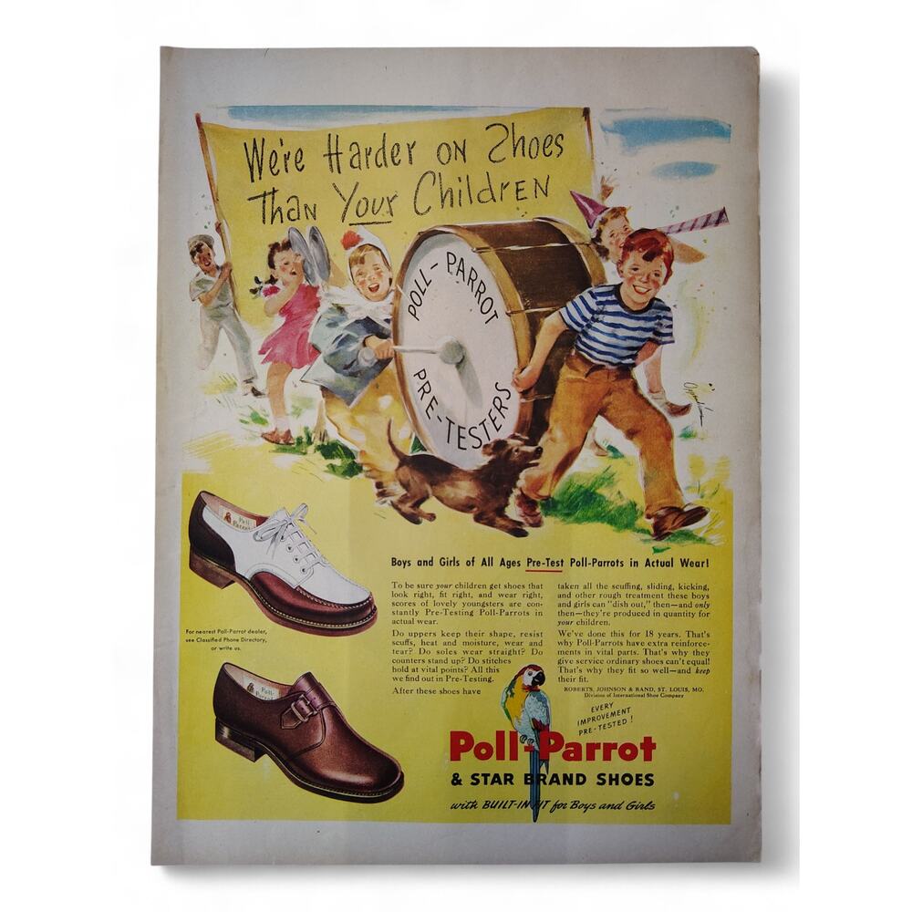 1946 Poll-Parrot Shoes Print Ad Happy Kids Marching Band‎ Parade Yellow Ephemera